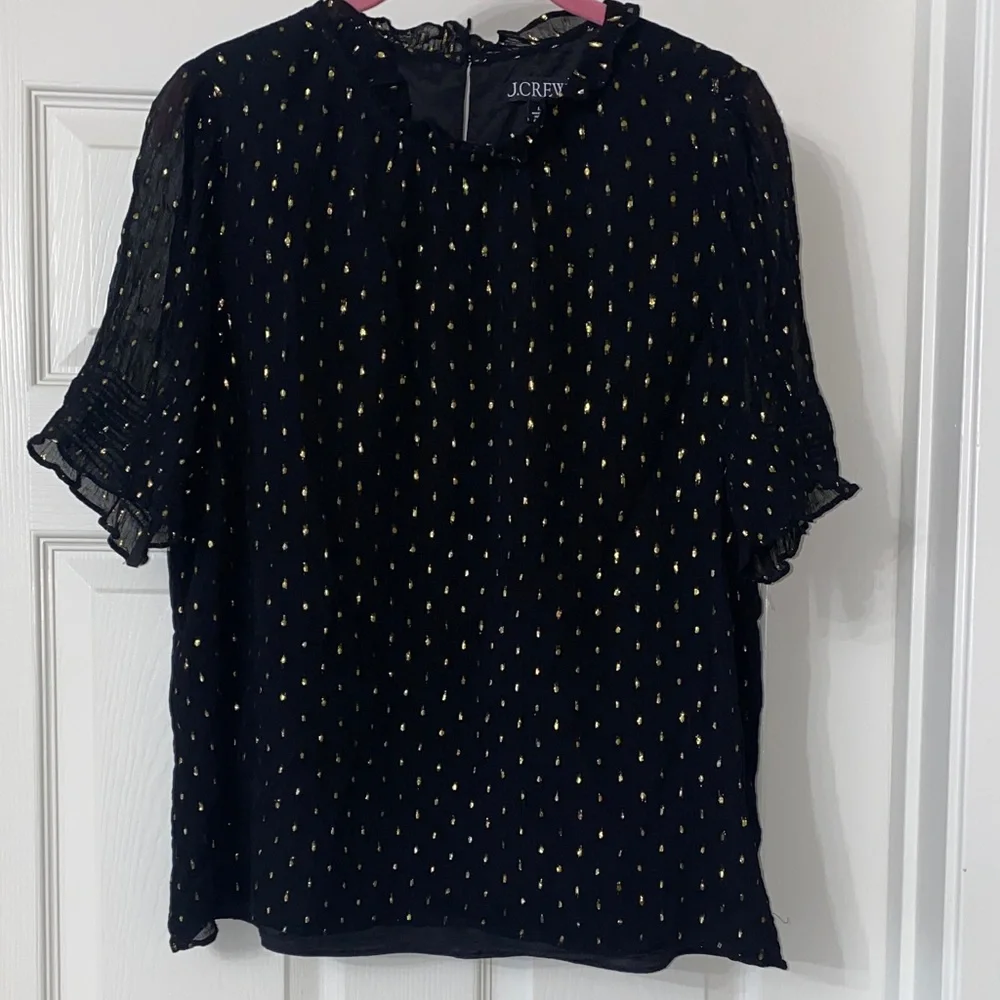 J. Crew Black Blouse with Metallic Gold Dot Pattern. Size Large